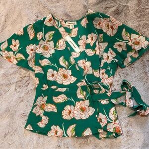 Monteau Green Floral Wrap Blouse
